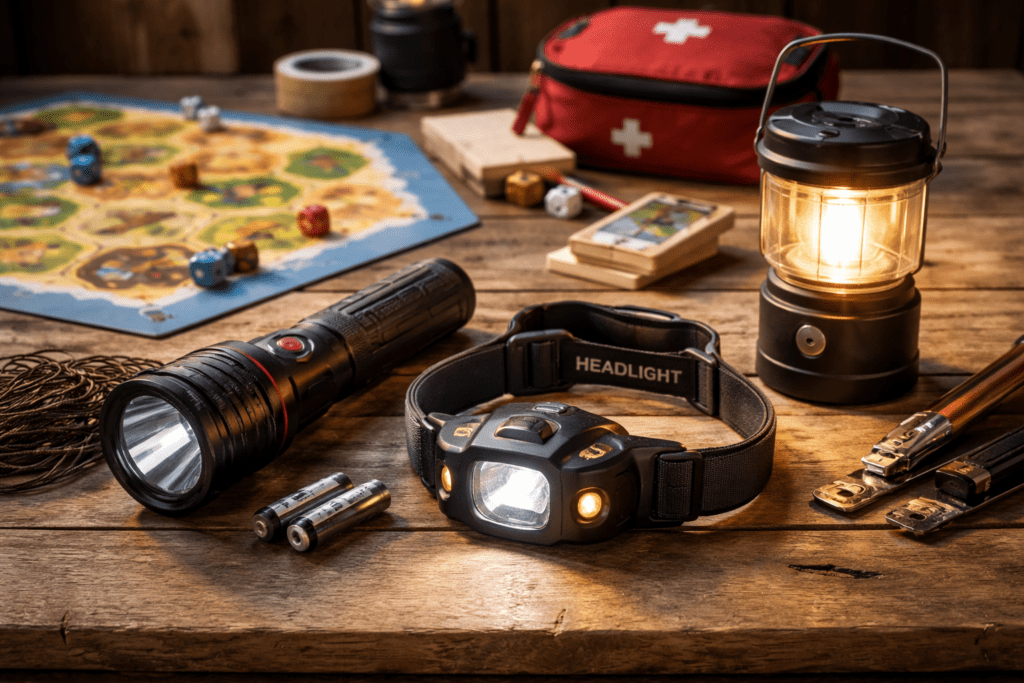 Ein Nottfall Urtensilien, wie Taschenlampe Stirnlampe Brettspiel und Läuchte