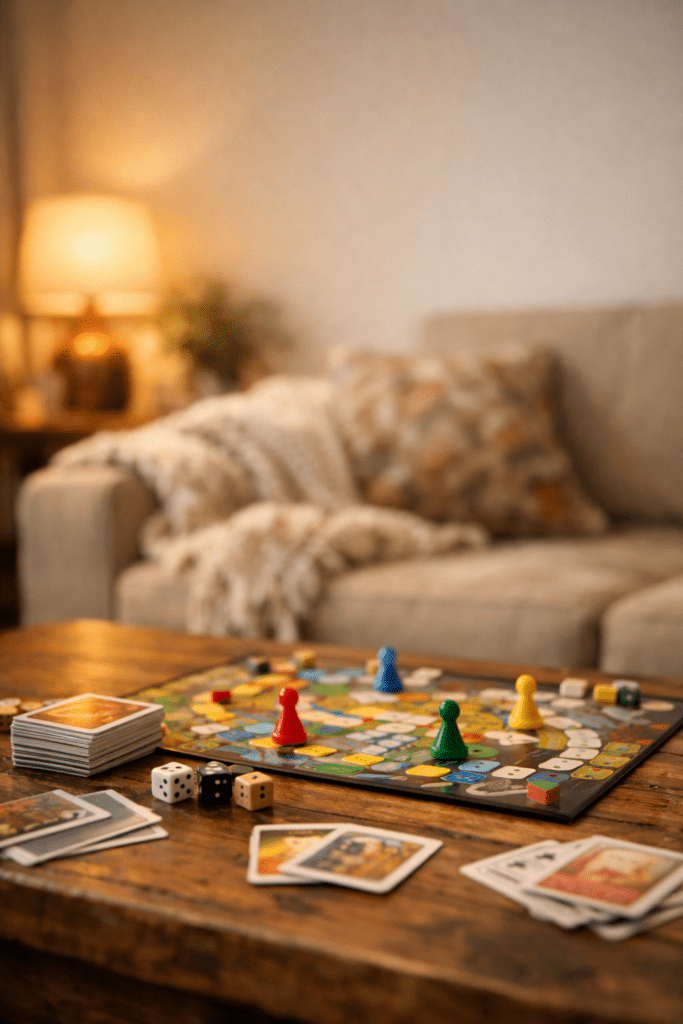 Gemütliches, fotorealistisches Wohnzimmer in warmem Licht: Auf einem Holzcouchtisch liegt ein buntes Brettspiel mit mehreren Spielfiguren, daneben ein Kartenstapel, verstreute Spielkarten und drei Würfel. Im weich unscharfen Hintergrund stehen ein Sofa mit Kissen und eine kuschelige Decke sowie eine leuchtende Tischlampe, die eine ruhige, familiäre Atmosphäre erzeugt. Oben im Bild ist freier Platz für Text.