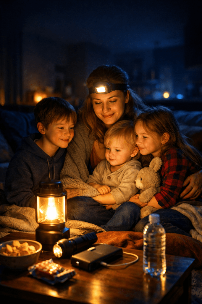 Alleinerziehende Mama mit Kindern in Stadtwohnung bei einem Stromausfall