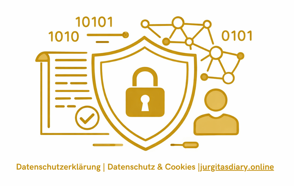 Datenschutzerklärung, DSGVO und Cookies, in goldenem Schrift und Grafik Bild was Daten der Website darstellen sollte