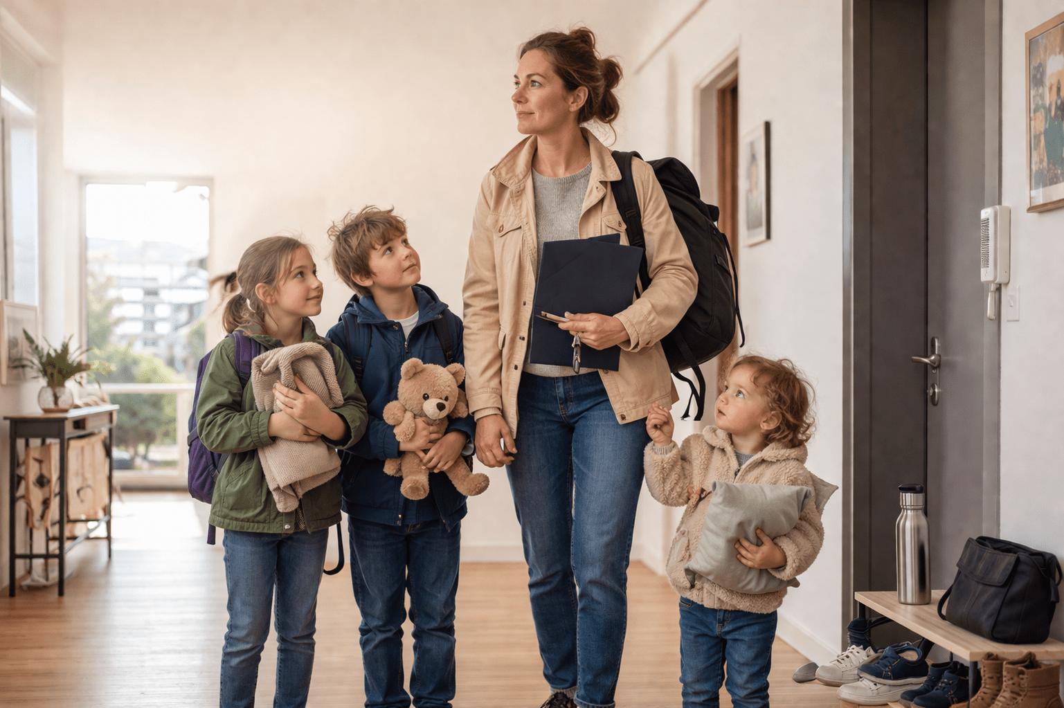 Alleinerziehende Mama verlässt mit drei Kindern ruhig die Stadtwohnung. Sie trägt einen Notfallrucksack und hält Dokumente, während die Kinder Decke, Kuscheltier und Kissen dabeihaben.

Keywords:
Evakuierungsplan, alleinerziehende Mama, Mama mit Kindern, Stadtwohnung, Notfallrucksack, Evakuierung mit Kindern, Krisenvorsorge, Notfallvorsorge, Dokumente, Kuscheltier, Decke, Notfallplan.
