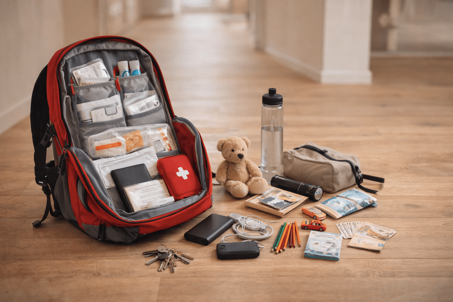 Geöffneter Notfallrucksack mit Dokumenten, Medikamenten, Erste-Hilfe-Set, Powerbank, Schlüssel, Wasserflasche, Taschenlampe, Snacks und Kindersachen wie Kuscheltier, Stifte und Spielzeug.

Keywords:
Notfallrucksack, Evakuierungsplan, Notfalltasche, Mama mit Kindern, Krisenvorsorge, Stadtwohnung, Dokumente, Powerbank, Erste-Hilfe-Set, Kuscheltier, Notfallvorsorge.