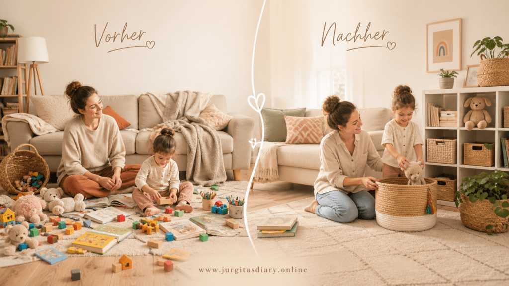 Kindern Aufräumen beibringen – spielerisch & ohne Streit Vorher/Nacher Bild. Mama mit Kind spielt im Wohnzimmer, überall liegen spielsachen auf dem Boden verzeilt auf der Nacher seite da Zimmer aufgeräumt und die Mama mit Kind räumen die letzte Spielsachen ein.