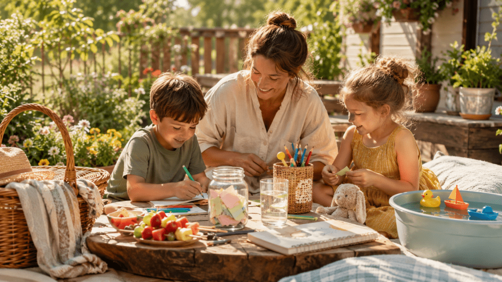 Sommerferien, Kinder sitzen mit Mama auf der Terasse und malen. Es Liegen Bläter und Bunte Stiffte auf dem Tisch. Kinder sind sichtlich frölich